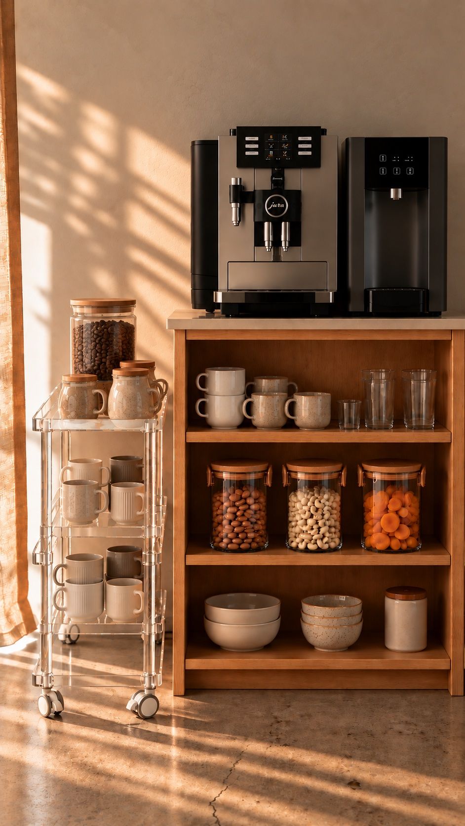 Tisanerie Alfred : machine à café, fontaine et bocaux de fruits secs
