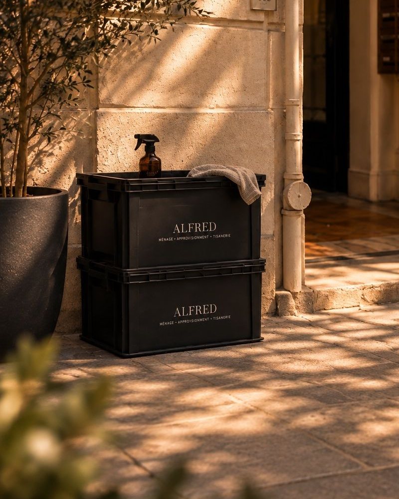 Caisses Alfred devant une porte d’immeuble