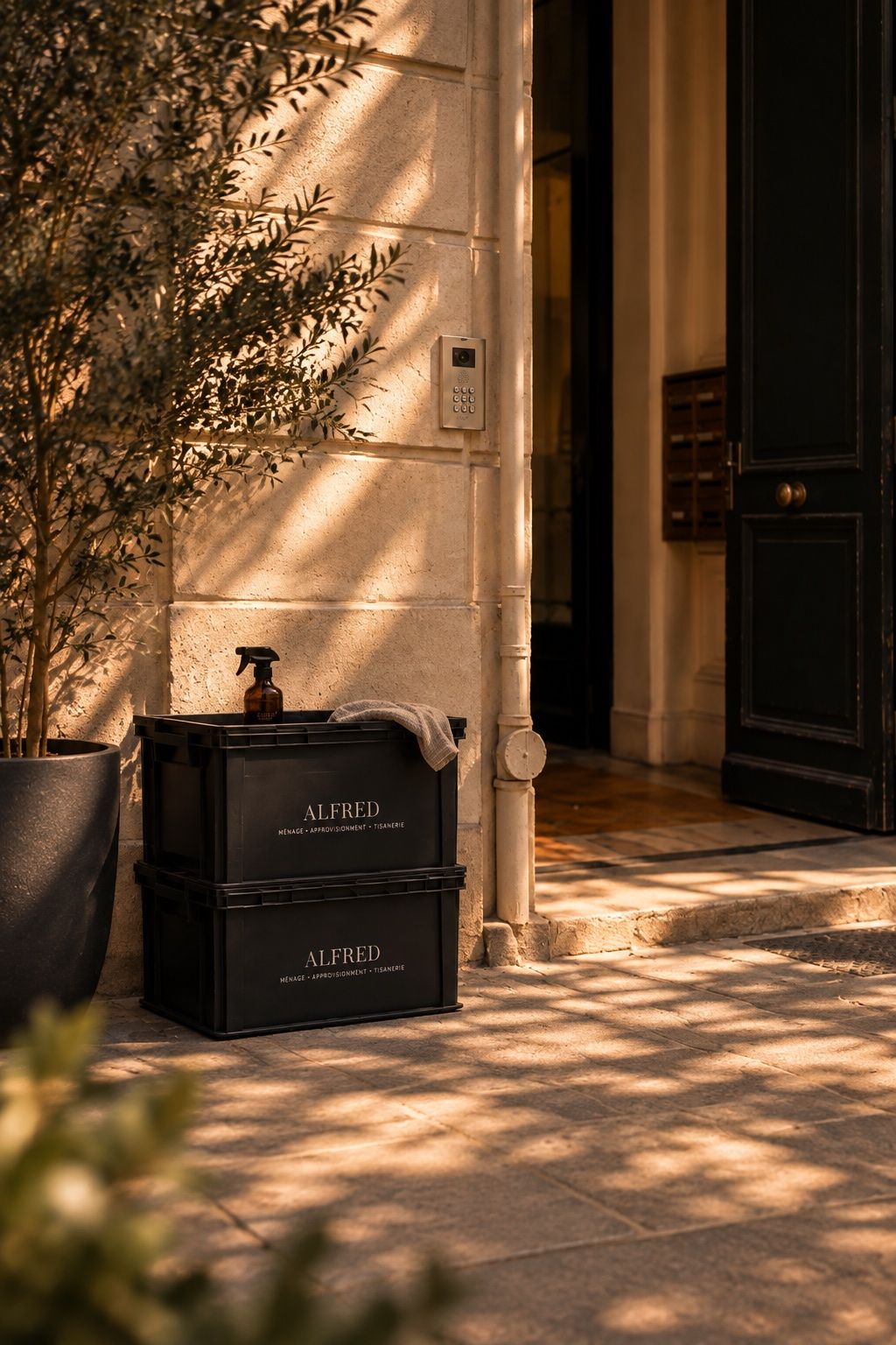 Caisses Alfred devant une porte d’immeuble